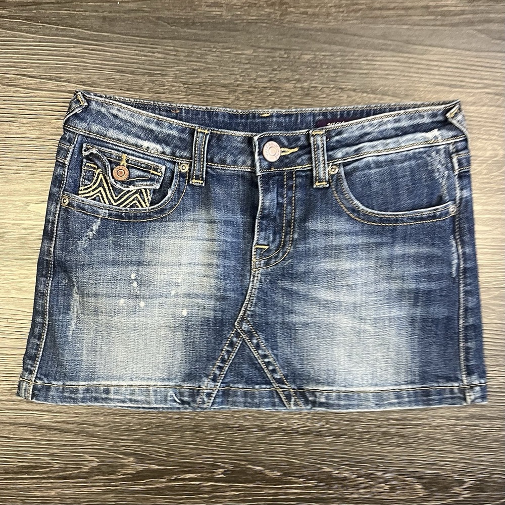 Vigoss Micro Mini Jean Skirt Size 5 Blue Distressed Embroidered Y2K Indie Sleaze